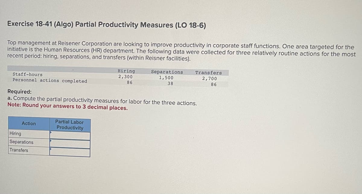 Exercise 18-41 (Algo) Partial Productivity Measures (LO 18-6)
Top management at Reisener Corporation are looking to improve productivity in corporate staff functions. One area targeted for the
initiative is the Human Resources (HR) department. The following data were collected for three relatively routine actions for the most
recent period: hiring, separations, and transfers (within Reisner facilities).
Staff-hours
Personnel actions completed
Action
Hiring
Separations
Transfers
Hiring
2,300
86
Required:
a. Compute the partial productivity measures for labor for the three actions.
Note: Round your answers to 3 decimal places.
Partial Labor
Productivity
Separations
1,500
38
Transfers
2,700
86