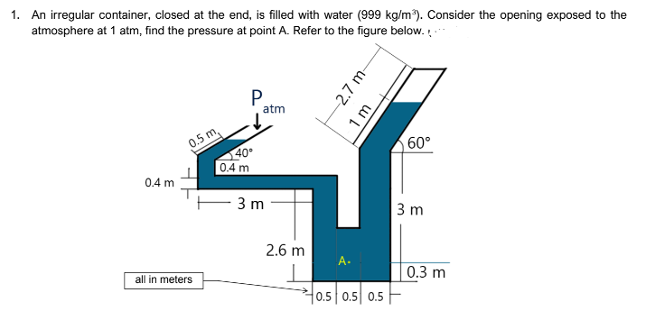 1. An irregular container, closed at the end, is filled with water (999 kg/m). Consider the opening exposed to the
atmosphere at 1 atm, find the pressure at point A. Refer to the figure below.
P.
atm
0.5 m,
40°
60°
0.4 m
0.4 m
3 m
3 m
2.6 m
А.
0.3 m
all in meters
0.5 0.5 0.5
2.7 m-
1 m
