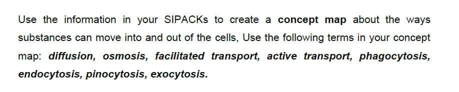 Use the information in your SIPACKS to create a concept map about the ways
substances can move into and out of the cells, Use the following terms in your concept
map: diffusion, osmosis, facilitated transport, active transport, phagocytosis,
endocytosis, pinocytosis, exocytosis.
