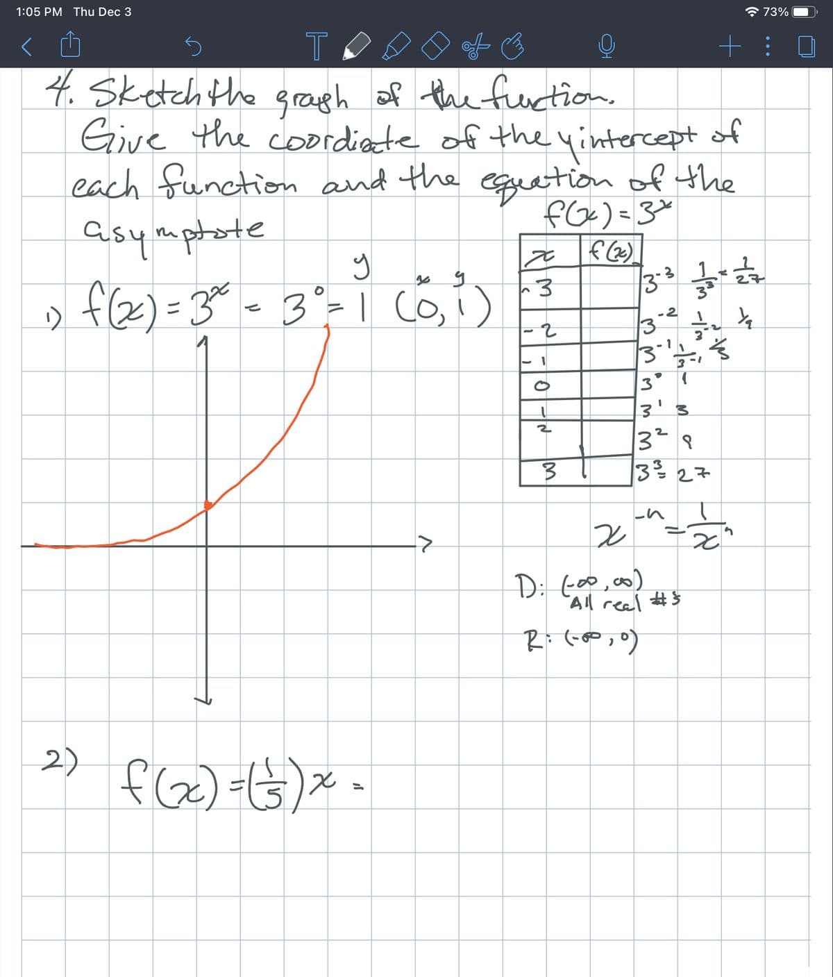 1:05 PM Thu Dec 3
* 73%
T
of o
4. Sketch the rauph of the fuction.
Give the coordiete of the yintercept of
each function and the eguetion of the
Asymptote
fGx) =3°
-2
3
13
2
|3를 2구
D: t00,00)
All real #$
2)
