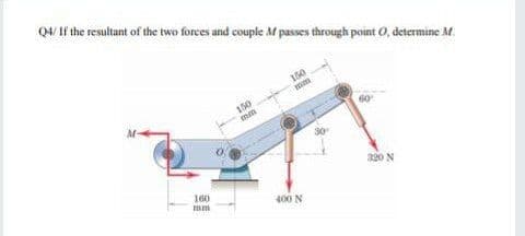 Q4/ If the resultant of the two forces and couple M passes through point O, determine M.
160
mm
150
mm
30
320 N
160
mm
400 N
