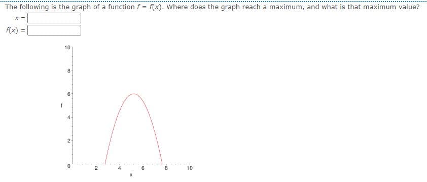 The following is the graph of a function f = f(x). Where does the graph reach a maximum, and what is that maximum value?
f(x)
10
8
6
2-
2
8.
10
