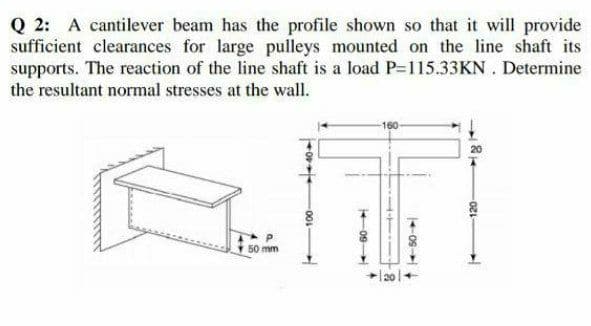 Q 2: A cantilever beam has the profile shown so that it will provide
sufficient clearances for large pulleys mounted on the line shaft its
supports. The reaction of the line shaft is a load P-115.33KN. Determine
the resultant normal stresses at the wall.
50 mm
|20 -
120-

