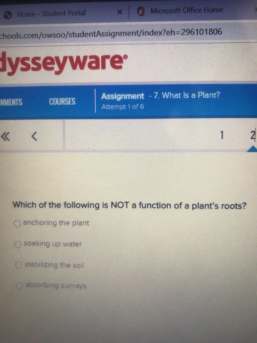 Microsoft Office Home
Home-Student Portal
chools.com/owso0/studentAssignment/index?eh3D296101806
dysseyware
Assignment - 7. What Is a Plant?
Attempt 1 of 6
NMENTS
COURSES
1.
2
Which of the following is NOT a function of a plant's roots?
O anchoring the plant
O soaking up water
stabilizing the soil
absorbing sunrays

