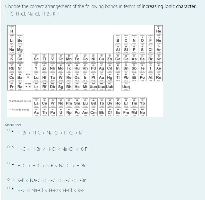 Choose the correct arrangement of the following bonds in terms of increasing ionic character.
H-C, H-CI, Na-CI, H-Br, K-F
H
Не
1.00
borym
m
10
Li Be
N
F
Ne
20
1
12
13
14
15
16
17
18
Na Mg
AI Si P
S
cI Ar
2200
35-453
19
20
21
22
23
24
25
27
28
29
31
32
33
34
35
36
K Ca
Sc Ti V
Cr Mn Fe Co Ni Cu Zn Ga Ge As Se Br Kr
30.000
37
38
39
40
41
42
43
44
45
46
47
48
51
52
53
54
Rb Sr
Y Zr Nb Mo Tc Ru Rh Pd Ag Cd In Sn Sb Te
I Xe
casi
55
bart
S6
astatioe
85
ade
57-70
71
72
73
74
75
76
77
78
79
81
82
83
Cs Ba
Lu Hf Ta W Re Os Ir
Pt Au Hg
TI Pb Bi Po At Rn
87
88
88-102
103
104
105
106
107
108
109
110
111
112
114
Fr Ra ** Lr Rf Db Sg Bh Hs Mt Uun Uuu Uub
Uuq
61
65
*Lanthanide series
La Ce Pr Nd Pm Sm Eu Gd Tb Dy Ho Er Tm Yb
** Actinide series
90
91
92
93
94
95
96
97
100
101
102
Ac Th Pa U Np Pu Am Cm Bk Cf Es Fm Md No
2
Select one:
a.
H-Br < H-C < Na-CI < H-CI < K-F
Ob.
H-C < H-Br < H-CI < Na-CI < K-F
H-CI < H-C < K-F < Na-CI < H-Br
O d. K-F < Na-CI < H-CI < H-C < H-Br
O .
H-C < Na-Cl < H-Br< H-CI < K-F
