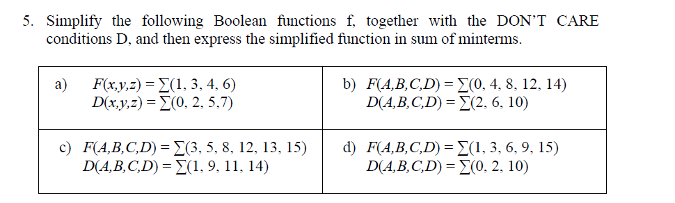 5. Simplify the following Boolean functions f, together with the DON'T CARE
conditions D, and then express the simplified function in sum of minterms.
b) F(A,B,C,D) = E(0, 4, 8, 12, 14)
D(4,B,C,D) = D(2, 6, 10)
a)
F(x,y,z) = E(1, 3, 4, 6)
D(x,y,z) = E(0, 2. 5,7)
c) F(A,B,C,D)= E(3, 5, 8, 12, 13, 15)
D(A,B,C,D) = E(1, 9, 11, 14)
d) F(A,B,C,D) = E(1, 3, 6, 9, 15)
D(A,B,C,D) = E(0, 2, 10)
%3D
