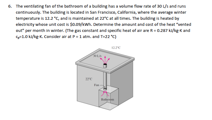 6. The ventilating fan of the bathroom of a building has a volume flow rate of 30 L/s and runs
continuously. The building is located in San Francisco, California, where the average winter
temperature is 12.2 °C, and is maintained at 22°C at all times. The building is heated by
electricity whose unit cost is $0.09/kWh. Determine the amount and cost of the heat "vented
out" per month in winter. (The gas constant and specific heat of air are R 0.287 kJ/kg-K and
Cp1.0 kl/kg-K. Consider air at P 1 atm. and T-22 °C)
12.2°C
30 L/s
22°C
Fan
Bathroom
