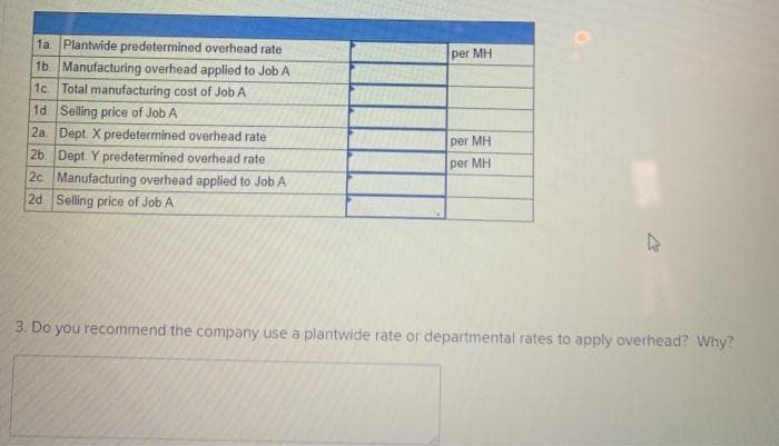 1a Plantwide predetermined overhead rate
per MH
1b. Manufacturing overhead applied to Job A
1c Total manufacturing cost of Job A
1d. Selling price of Job A
2a Dept. X predetermined overhead rate
2b. Dept. Y predetermined overhead rate
2c Manufacturing overhead applied to Job A
2d. Selling price of Job A
per MH
per MH
3. Do you recommend the company use a plantwide rate or departmental rates to apply overhead? Why?
