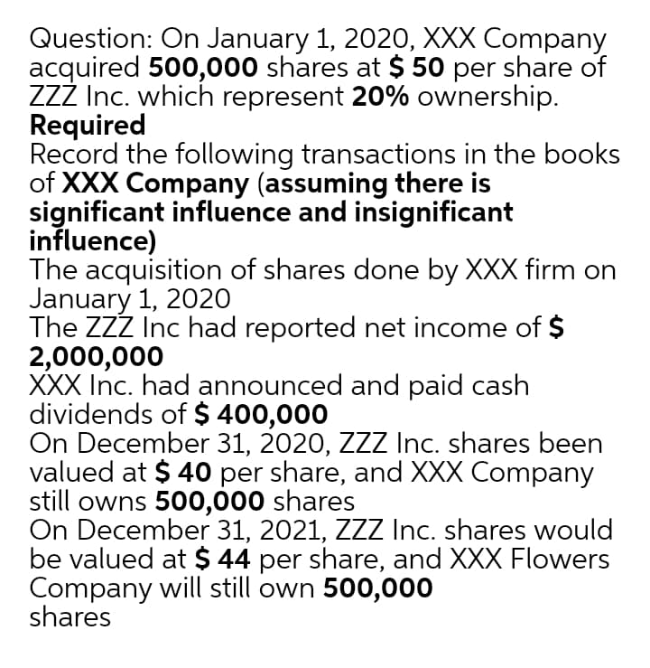 Question: On January 1, 2020, XXX Company
acquired 500,000 shares at $ 50 per share of
ZZZ Inc. which represent 20% ownership.
Required
Record the following transactions in the books
of XXX Company (assuming there is
significant influence and insignificant
influence)
The acquisition of shares done by XXX firm on
January 1, 2020
The ZZZ Inc had reported net income of $
2,000,000
XXX Inc. had announced and paid cash
dividends of $ 400,000
On December 31, 2020, ZZZ Inc. shares been
valued at $ 40 per share, and XXX Company
still owns 500,000 shares
On December 31, 2021, ZZZ Inc. shares would
be valued at $ 44 per share, and XXX Flowers
Company will still own 500,000
shares
