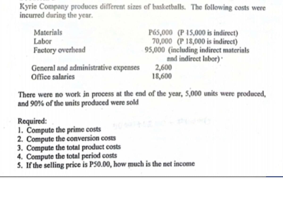 Kyrie Company produces different sizes of basketballs. The following costs were
incurred during the year.
Materials
Labor
Factory overhead
P65,000 (P 15,000 is indirect)
70,000 (P 18,000 is indirect)
95,000 (including indirect materinls
and indirect Iabor) ·
2,600
18,600
General and administrative expenses
Office salaries
There were no work in process at the end of the year, 5,000 units were produced,
and 90% of the units produced were sold
Required:
1. Compute the prime costs
2. Compute the conversion costs
3. Compute the total product costs
4. Compute the total period costs
5. If the selling price is P50.00, how much is the net income
