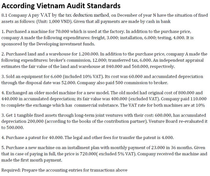 According Vietnam Audit Standards
8.1 Company A pay VAT by the tax deduction method, on December of year N have the situation of fixed
assets as follows: (Unit: 1,000 VND). Given that all payments are made by cash in bank
1. Purchased a machine for 70.000 which is used at the factory. In addition to the purchase price,
company A made the following expenditures: freight, 3.000; installation, 6.000; testing, 4.000. It is
sponsored by the Developing investment funds.
2. Purchased land and a warehouse for 1.200.000. In addition to the purchase price, company A made the
following expenditures: broker's commission, 12.000; transferred tax, 6.000. An independent appraisal
estimates the fair value of the land and warehouse at 840.000 and 560.000, respectively.
3. Sold an equipment for 6.600 (included 10% VAT). Its cost was 60.000 and accumulated depreciation
through the disposal date was 52.000. Company also paid 500 commission to broker.
4. Exchanged an older model machine for a new model. The old model had original cost of 800.000 and
440.000 in accumulated depreciation; its fair value was 400.000 (excluded VAT). Company paid 110.000
to complete the exchange which has commercial substance. The VAT rate for both machines are at 10%
3. Get 1 tangible fixed assets through long-term joint ventures with their cost: 600.000, has accumulated
depreciation 200,000 (according to the books of the contribution partner). Venture Board re-evaluated it
to 500.000.
4. Purchase a patent for 40.000. The legal and other fees for transfer the patent is 4.000.
5. Purchase a new machine on an installment plan with monthly payment of 23.000 in 36 months. Given
that in case of paying in full, the price is 720.000( excluded 5% VAT). Company received the machine and
made the first month payment.
Required: Prepare the accounting entries for transactions above
