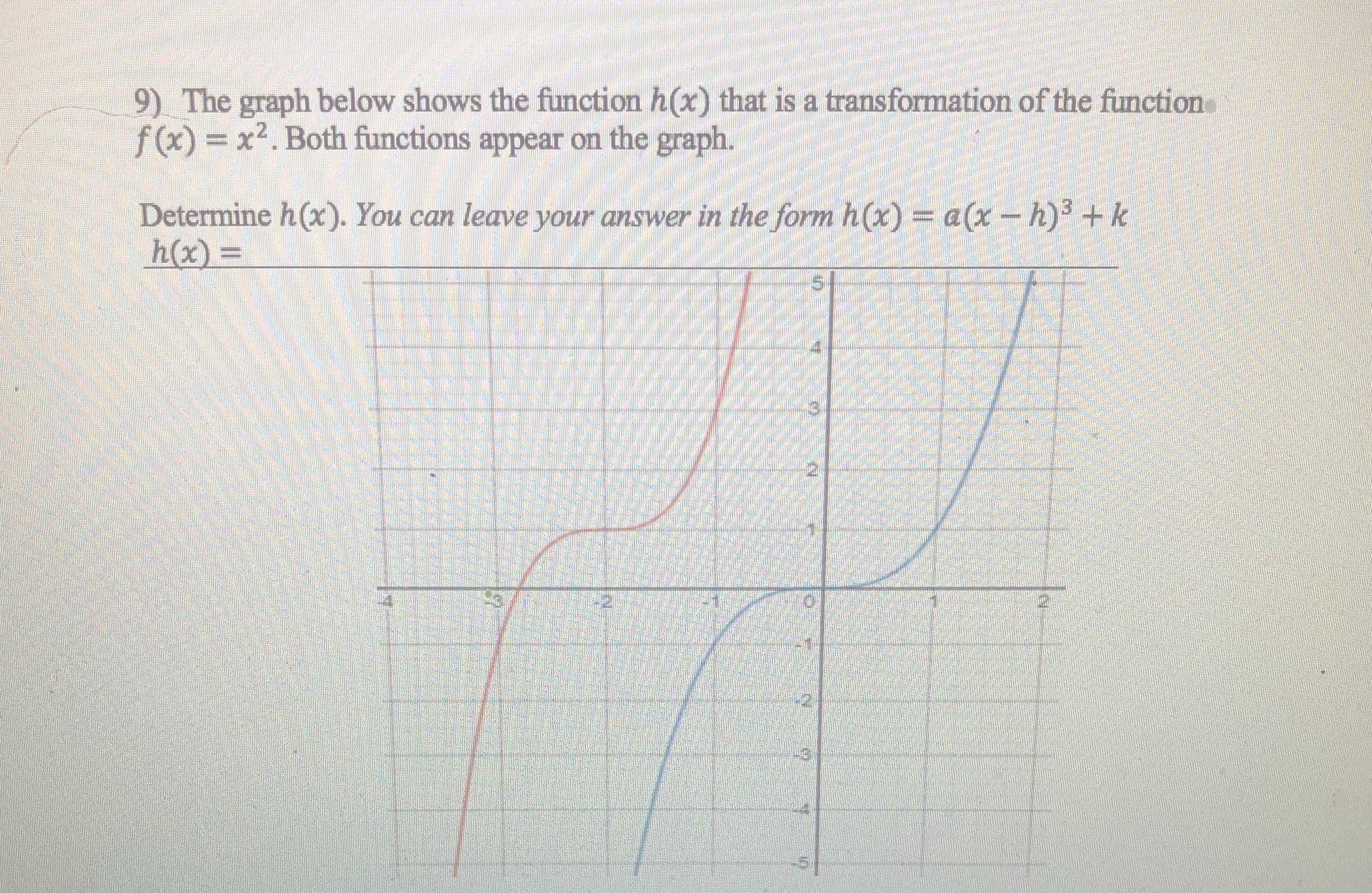 9) The graph below shows the function h(x) that is a transformation of the function
f (x) = x2. Both functions appear on the graph.
Determine h(x). You can leave your answer in the form h(x) = a(x - h) + k
h(x) =
