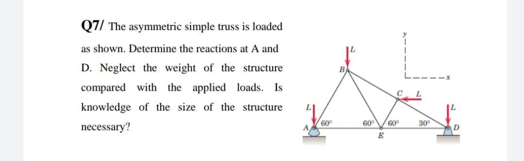 Q7/ The asymmetric simple truss is loaded
as shown. Determine the reactions at A and
D. Neglect the weight of the structure
B
compared with the applied loads. Is
knowledge of the size of the structure
60
A
60°
60°
30°
necessary?
E
