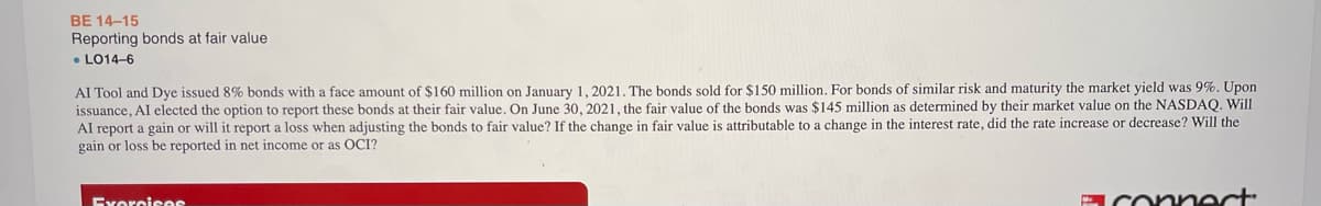 BE 14-15
Reporting bonds at fair value
• LO14-6
AI Tool and Dye issued 8% bonds with a face amount of $160 million on January 1, 2021. The bonds sold for $150 million. For bonds of similar risk and maturity the market yield was 9%. Upon
issuance, AI elected the option to report these bonds at their fair value, On June 30, 2021. the fair value of the bonds was $145 million as determined by their market value on the NASDAO, Will
AI report a gain or will it report a loss when adjusting the bonds to fair value? If the change in fair value is attributable to a change in the interest rate, did the rate increase or decrease? Will the
gain
loss be reported in net income or as OCI?
AConnect
Exerciees
