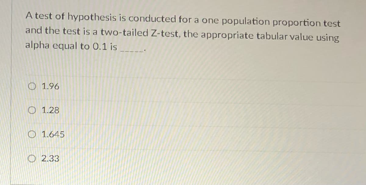 A test of hypothesis is conducted for a one population proportion test
and the test is a two-tailed Z-test, the appropriate tabular value using
alpha equal to 0.1 is
O 1.96
O 1.28
O 1.645
O 2.33
