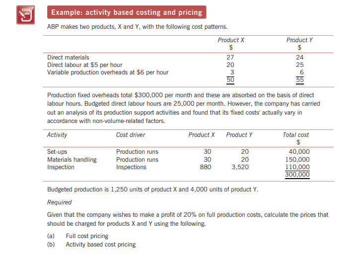 Example: activity based costing and pricing
ABP makes two products, X and Y, with the following cost patterns.
Product X
Product Y
$
$
Direct materials
Direct labour at $5 per hour
Variable production overheads at $6 per hour
27
24
25
20
3
6.
50
55
Production fixed overheads total $300,000 per month and these are absorbed on the basis of direct
labour hours. Budgeted direct labour hours are 25,000 per month. However, the company has carried
out an analysis of its production support activities and found that its fixed costs' actually vary in
accordance with non-volume-related factors.
Activity
Cost driver
Product X
Product Y
Total cost
$
Set-ups
Materials handling
Inspection
40,000
150,000
110,000
300,000
Production runs
30
20
Production runs
30
880
20
Inspections
3,520
Budgeted production is 1,250 units of product X and 4,000 units of product Y.
Required
Given that the company wishes to make a profit of 20% on full production costs, calculate the prices that
should be charged for products X and Y using the following.
(a)
Full cost pricing
Activity based cost pricing
(b)
