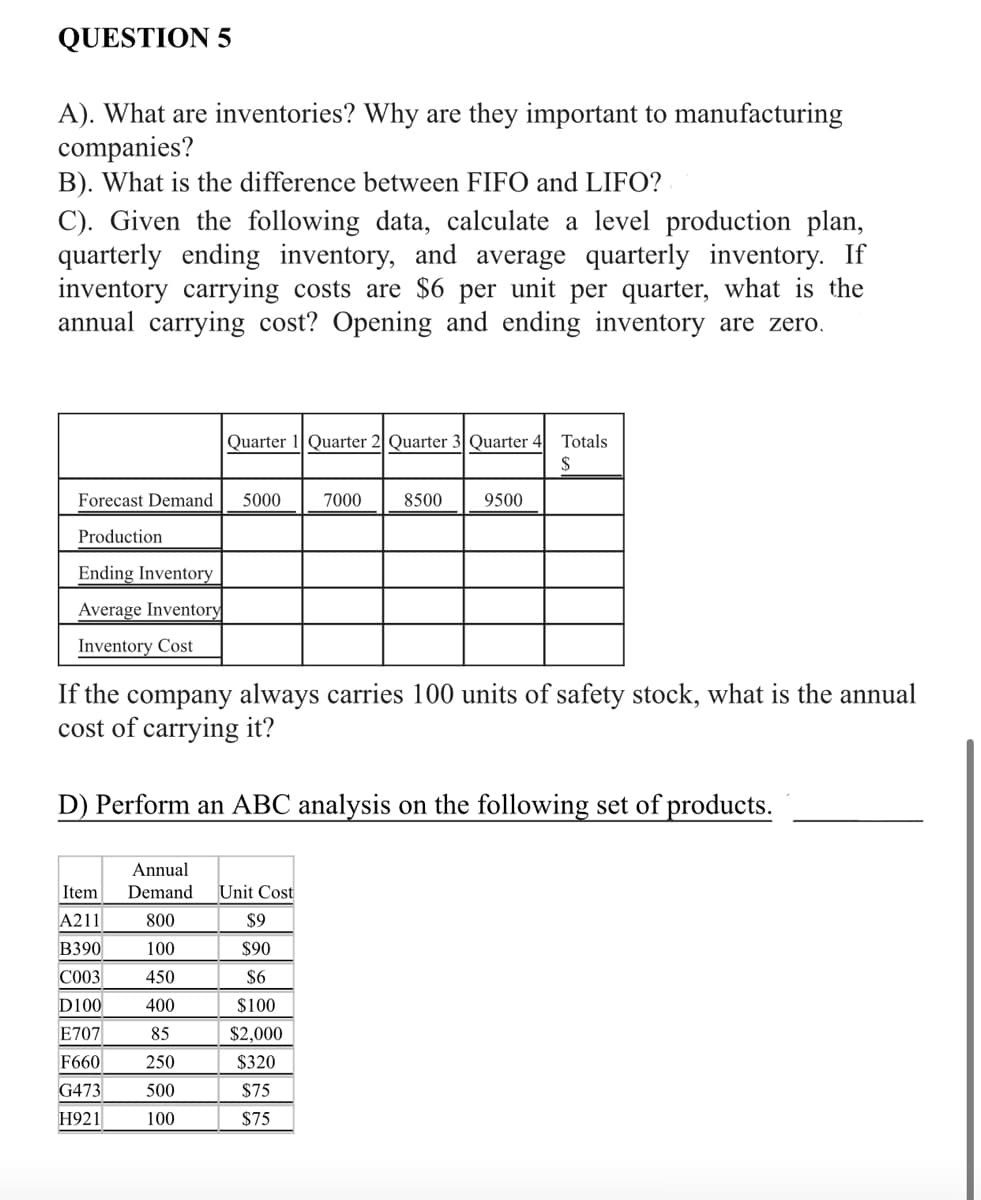 QUESTION 5
A). What are inventories? Why are they important to manufacturing
companies?
B). What is the difference between FIFO and LIFO?
C). Given the following data, calculate a level production plan,
quarterly ending inventory, and average quarterly inventory. If
inventory carrying costs are $6 per unit per quarter, what is the
annual carrying cost? Opening and ending inventory are zero.
Quarter 1 Quarter 2| Quarter 3 Quarter 4 Totals
$
Forecast Demand
5000
7000
8500
9500
Production
Ending Inventory
Average Inventory
Inventory Cost
If the company always carries 100 units of safety stock, what is the annual
cost of carrying it?
D) Perform an ABC analysis on the following set of products.
Annual
Item
Demand
Unit Cost
A211
800
$9
B390
100
$90
C003
450
$6
D100
400
$100
E707
85
$2,000
F660
250
$320
G473
500
$75
H921
100
$75
