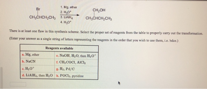 1. Mg, ether
2. H30
CH,CHCH,CH3 3. LIAIH,
4. H,0
Br
CH,OH
CH,CHCH,CH3
There is at least one flaw in this synthesis scheme. Select the proper set of reagents from the table to properly carry out the transformation.
(Enter your answer as a single string of letters representing the reagents in the order that you wish to use them, i.e. bdce.).
Reagents available
a. Mg, ether
e. NaOH, H20, then H30+
b. NaCN
f. CH, COCI, AIC,
e. H30*
d. LIAIH,, then H20 h. POCI, pyridine
g. H2, Pd/C
