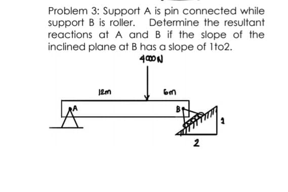 Problem 3: Support A is pin connected while
support B is roller. Determine the resultant
reactions at A and B if the slope of the
inclined plane at B has a slope of 1to2.
400N
12m
B
2
