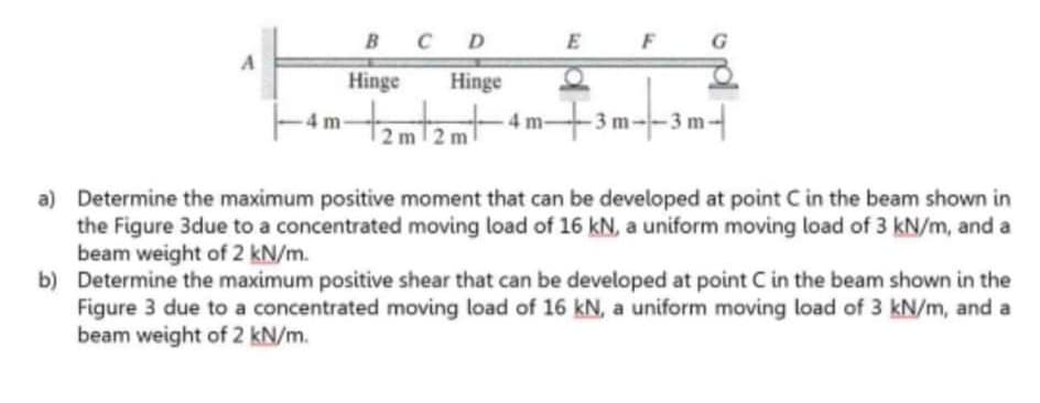 в с D
E
F
G
Hinge
Hinge
4 m-
- 4 m+3 m--3 m-
2 ml2 m
a) Determine the maximum positive moment that can be developed at point C in the beam shown in
the Figure 3due to a concentrated moving load of 16 kN, a uniform moving load of 3 kN/m, and a
beam weight of 2 kN/m.
b) Determine the maximum positive shear that can be developed at point C in the beam shown in the
Figure 3 due to a concentrated moving load of 16 kN, a uniform moving load of 3 kN/m, and a
beam weight of 2 kN/m.
