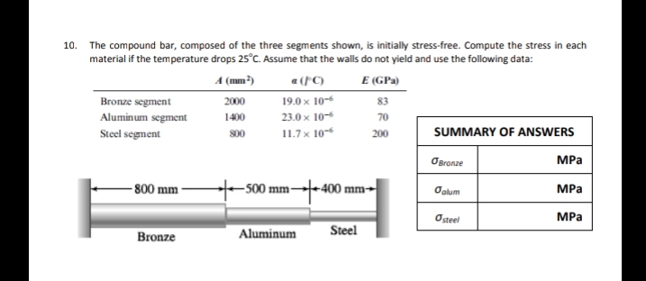 10.
The compound bar, composed of the three segments shown, is initially stress-free. Compute the stress in each
material if the temperature drops 25°C. Assume that the walls do not yield and use the following data:
A (mm²)
a (FC)
E (GPa)
Bronze segment
2000
19.0 x 10-
83
Aluminum segment
1400
23.0 x 10
70
Steel segment
11.7x 10
SUMMARY OF ANSWERS
s00
200
OBranze
MPa
- 800 mm -
-500 mm-
+400 mm→
MPa
Oalum
Osteel
MPa
Bronze
Aluminum
Steel
