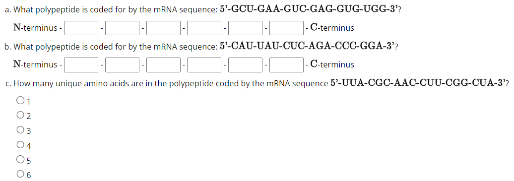 a. What polypeptide is coded for by the mRNA sequence: 5'-GCU-GAA-GUC-GAG-GUG-UGG-3'?
N-terminus -
b. What polypeptide is coded for by the mRNA sequence: 5'-CAU-UAU-CUC-AGA-CCC-GGA-3'?
N-terminus -
-C-terminus
C-terminus
c. How many unique amino acids are in the polypeptide coded by the mRNA sequence 5'-UUA-CGC-AAC-CUU-CGG-CUA-3'?
01
02
O 3
04
05
06