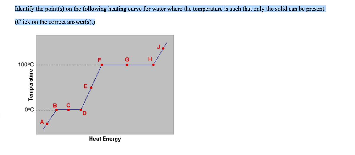 Identify the point(s) on the following heating curve for water where the temperature is such that only the solid can be present.
(Click on the correct answer(s).)
F
G
H
100°C
E
в с
0°C
Heat Energy
Temperature
