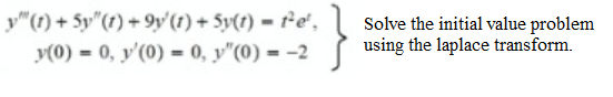 y"(1) + 5y"(f) + 9y'(1) + 5y(t) = t²e',
Solve the initial value problem
using the laplace transform.
y(0) = 0, y'(0) = 0, y"(0) = -2
