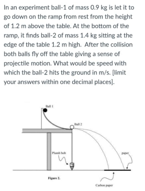 In an experiment ball-1 of mass 0.9 kg is let it to
go down on the ramp from rest from the height
of 1.2 m above the table. At the bottom of the
ramp, it finds ball-2 of mass 1.4 kg sitting at the
edge of the table 1.2 m high. After the collision
both balls fly off the table giving a sense of
projectile motion. What would be speed with
which the ball-2 hits the ground in m/s. [limit
your answers within one decimal places].
Ball I
Ball 2
Plumb bob
paper
Figure 2.
Carbon paper
