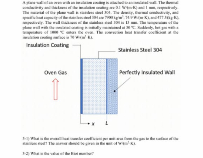 A plane wall of an oven with an insulation coating is attached to an insulated wall. The thermal
conductivity and thickness of the insulation coating are 0.1 W/(m K) and 1 mm, respectively.
The material of the plane wall is stainless steel 304. The density, thermal conductivity, and
specific heat capacity of the stainless steel 304 are 7900 kg/m³, 74.9 W/(mK), and 477 J/(kg K),
respectively. The wall thickness of the stainless steel 304 is 15 mm. The temperature of the
plane wall with the insulated coating is initially maintained at 30 °C. Suddenly, hot gas with a
temperature of 1000 °C enters the oven. The convection heat transfer coefficient at the
insulation coating surface is 70 W/(m²K).
Insulation Coating
Stainless Steel 304
Oven Gas
Perfectly Insulated Wall
3-1) What is the overall heat transfer coefficient per unit area from the gas to the surface of the
stainless steel? The answer should be given in the unit of W/(m²K).
3-2) What is the value of the Biot number?
