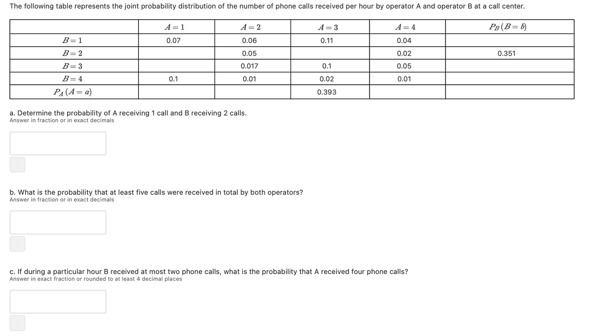 The following table represents the joint probability distribution of the number of phone calls received per hour by operator A and operator B at a call center.
А— 1
А- 2
A= 3
A= 4
PB (B= b)
B=1
0.07
0.06
0.11
0.04
B=2
0.05
0.02
0.351
В -3
0.017
0.1
0.05
B=4
0.1
0.01
0.02
0.01
PA(A= a)
0.393
a. Determine the probability of A receiving 1 call and B receiving 2 calls.
Answer in fraction or in exact decimals
b. What is the probability that at least five calls were received in total by both operators?
Answer in fraction or in exact decimals
c. If during a particular hour B received at most two phone calls, what is the probability that A received four phone calls?
Answer in exact fraction or rounded to at least 4 decimal places
