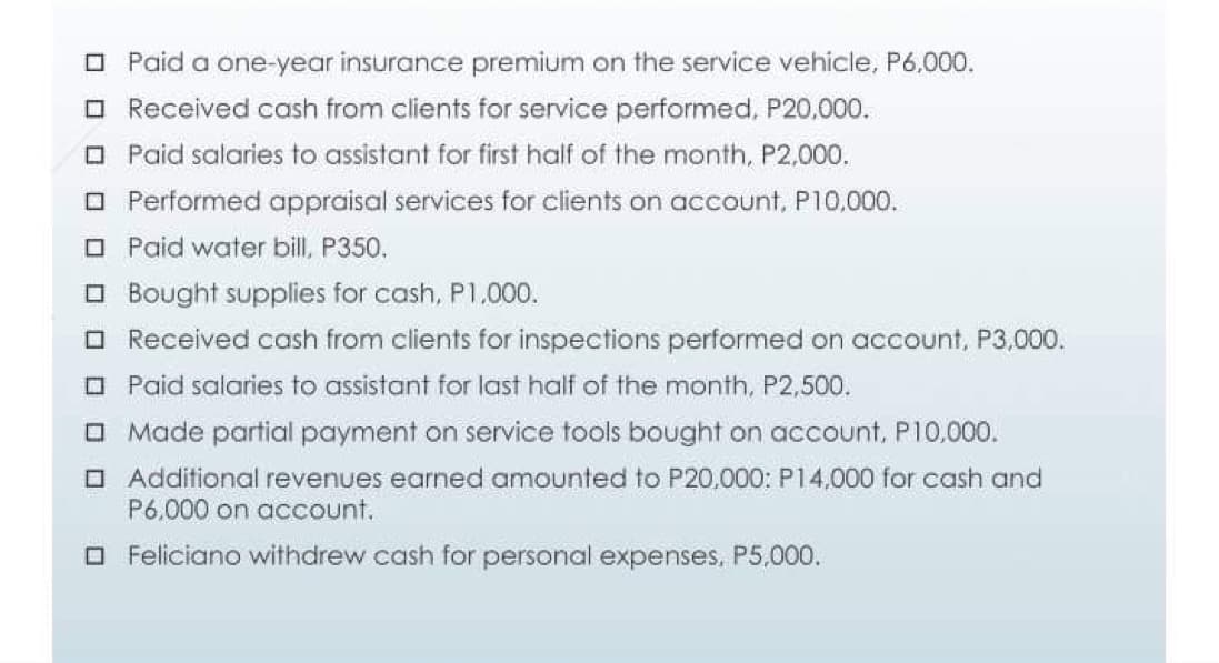 ☐Paid a one-year insurance premium on the service vehicle, P6,000.
Received cash from clients for service performed, P20,000.
Paid salaries to assistant for first half of the month, P2,000.
Performed appraisal services for clients on account, P10,000.
□Paid water bill, P350.
□Bought supplies for cash, P1,000.
☐ Received cash from clients for inspections performed on account, P3,000.
□Paid salaries to assistant for last half of the month, P2,500.
☐Made partial payment on service tools bought on account, P10,000.
Additional revenues earned amounted to P20,000: P14,000 for cash and
P6,000 on account.
Feliciano withdrew cash for personal expenses, P5,000.