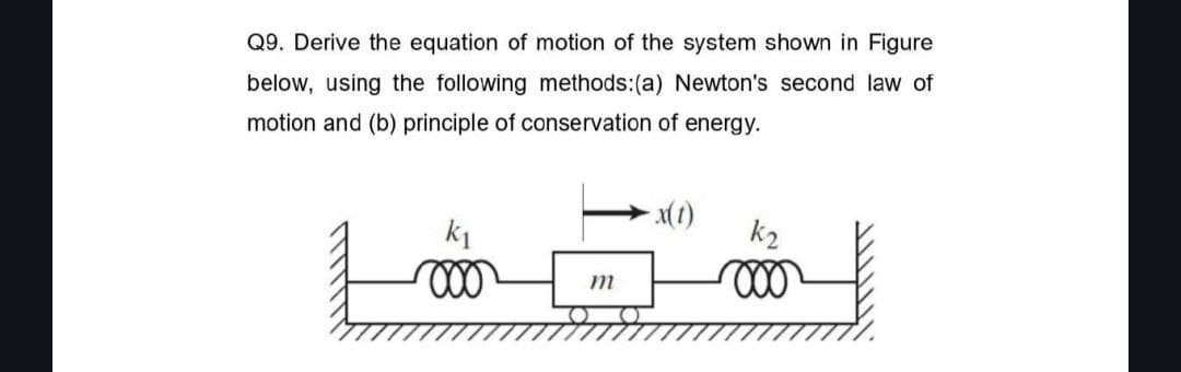 Q9. Derive the equation of motion of the system shown in Figure
below, using the following methods: (a) Newton's second law of
motion and (b) principle of conservation of energy.
k₁
m
-x(1)
000