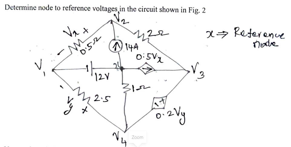 Determine node to reference voltages in the circuit shown in Fig. 2
Va
22
x7 Reference
nodie
A14A
0:52
0:5V
24
12V
2.5
メ
Zoom
