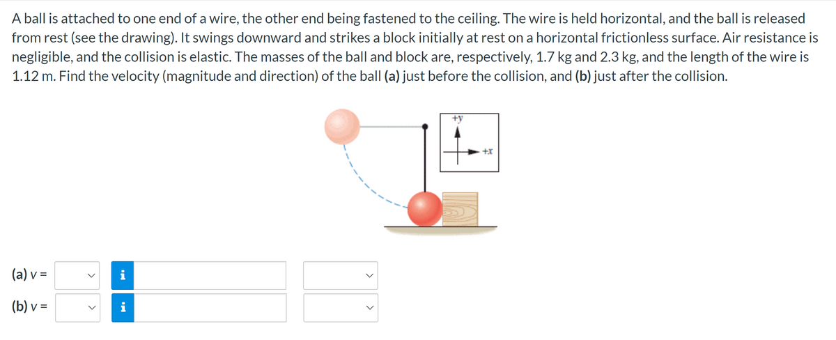 A ball is attached to one end of a wire, the other end being fastened to the ceiling. The wire is held horizontal, and the ball is released
from rest (see the drawing). It swings downward and strikes a block initially at rest on a horizontal frictionless surface. Air resistance is
negligible, and the collision is elastic. The masses of the ball and block are, respectively, 1.7 kg and 2.3 kg, and the length of the wire is
1.12 m. Find the velocity (magnitude and direction) of the ball (a) just before the collision, and (b) just after the collision.
(a) v =
(b) v =
<
<
>
+X