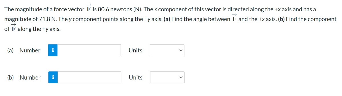 The magnitude of a force vector F is 80.6 newtons (N). The x component of this vector is directed along the +x axis and has a
magnitude of 71.8 N. The y component points along the +y axis. (a) Find the angle between F and the +x axis. (b) Find the component
of F along the +y axis.
(a) Number
(b) Number
i
i
Units
Units
<
>