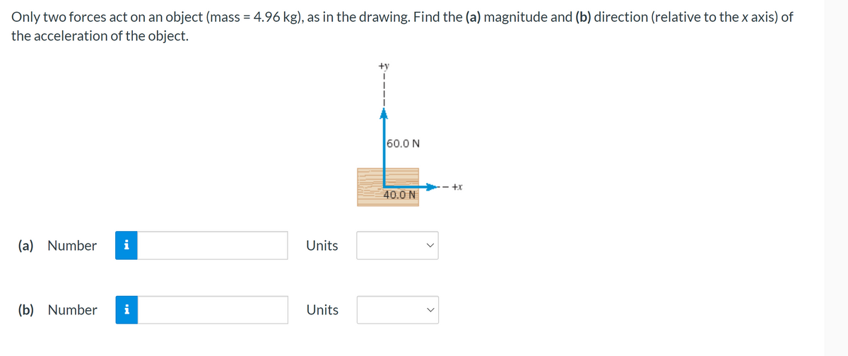 Only two forces act on an object (mass = 4.96 kg), as in the drawing. Find the (a) magnitude and (b) direction (relative to the x axis) of
the acceleration of the object.
(a) Number i
(b) Number i
Units
Units
60.0 N
40.0 N
>
+x