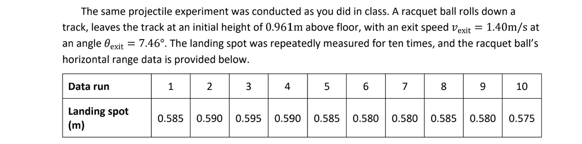 The same projectile experiment was conducted as you did in class. A racquet ball rolls down a
track, leaves the track at an initial height of 0.961m above floor, with an exit speed Vexit 1.40m/s at
an angle exit
7.46°. The landing spot was repeatedly measured for ten times, and the racquet ball's
horizontal range data is provided below.
Data run
=
Landing spot
(m)
1
2
0.585 0.590
3
4
0.595 0.590
5
6
0.585 0.580
7
0.580
8
=
9
10
0.585 0.580 0.575