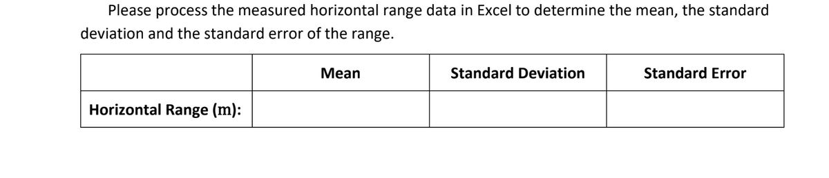 Please process the measured horizontal range data in Excel to determine the mean, the standard
deviation and the standard error of the range.
Horizontal Range (m):
Mean
Standard Deviation
Standard Error