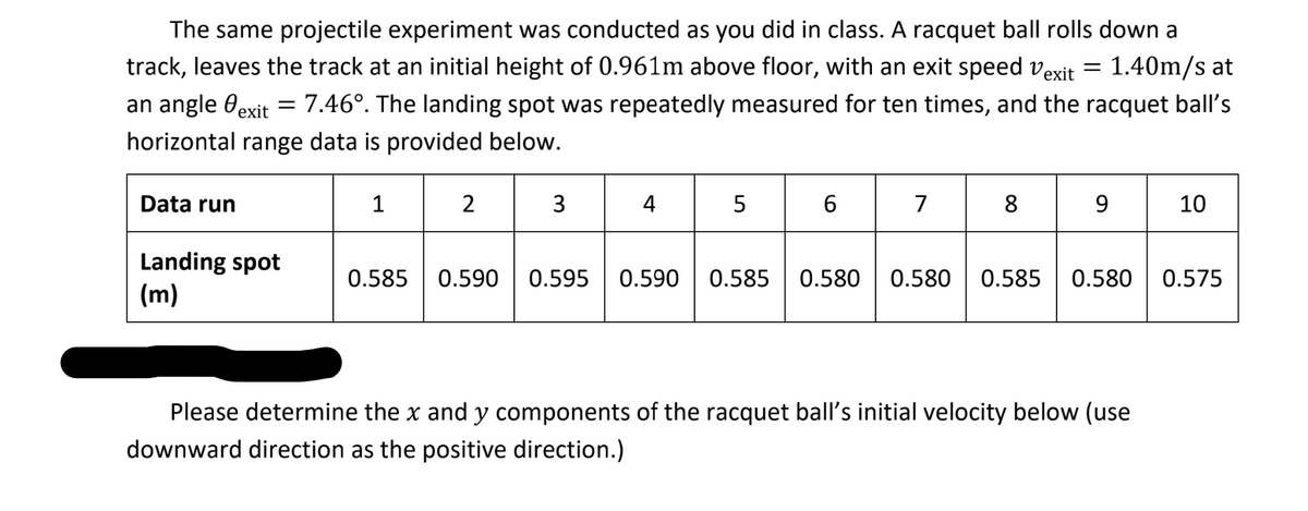 The same projectile experiment was conducted as you did in class. A racquet ball rolls down a
track, leaves the track at an initial height of 0.961m above floor, with an exit speed Vexit = 1.40m/s at
an angle exit = 7.46°. The landing spot was repeatedly measured for ten times, and the racquet ball's
horizontal range data is provided below.
Data run
1
2
3
4
5
Landing spot 0.585 0.590 0.595 0.590 0.585
(m)
6
7
8
9
0.580 0.580 0.585 0.580
Please determine the x and y components of the racquet ball's initial velocity below (use
downward direction as the positive direction.)
10
0.575