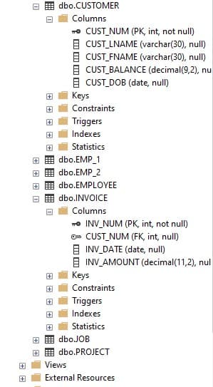 dbo.CUSTOMER
Columns
mo CUST_NUM (PK, int, not null)
E CUST_LNAME (varchar(30), null)
E CUST_FNAME (varchar(30), null)
E CUST_BALANCE (decimal(9,2), nu
E CUST_ DOB (date, null)
Keys
Constraints
Triggers
Indexes
Statistics
dbo.EMP_1
dbo.EMP_2
dbo.EMPLOYEE
dbo.INVOICE
Columns
ro INV_NUM (PK, int, not null)
C- CUST_NUM (FK, int, null)
E INV_DATE (date, null)
E INV_AMOUNT (decimal(11,2), nul
Keys
Constraints
Triggers
Indexes
+
Statistics
dbo.JOB
dbo.PROJECT
Views
External Resources
囲回
田田
