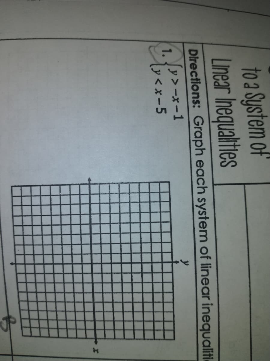 to a System of
Linear Inequalities
Directions: Graph each system of linear inequalitie
Įy>-x-1
1.
y
(ひくx-5
