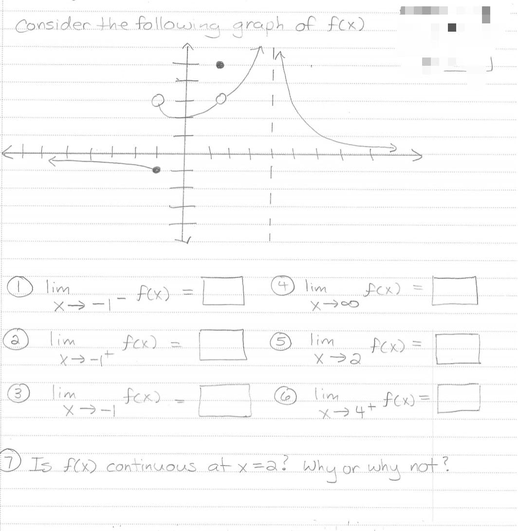 Consider the following graph of f(x)
1 lim.
2
(3)
X→-|
Tim
x →-1+
lim
X→→I
G
G
f(x).
f(x)
f(x).
4
(6
Tim
X-8
lim
X→ 2
f
f(x).
-
f(x) =
Tim.
X→ 4+
f(x)=
7) Is f(x) continuous at x =2? Why or why not?
