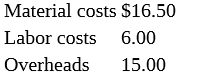 Material costs $16.50
Labor costs
6.00
Overheads
15.00
