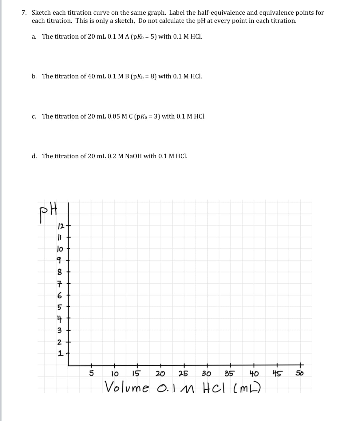 7. Sketch each titration curve on the same graph. Label the half-equivalence and equivalence points for
each titration. This is only a sketch. Do not calculate the pH at every point in each titration.
a. The titration of 20 mL 0.1 MA (pKb = 5) with 0.1 M HCl.
b. The titration of 40 mL 0.1 MB (pKb = 8) with 0.1 M HCl.
c. The titration of 20 mL 0.05 M C (pKb = 3) with 0.1 M HCl.
d. The titration of 20 mL 0.2 M NaOH with 0.1 M HCl.
рн
+
5
10 15
20 25
30 35 40
Volume 0.1 M HCl (ML)
2161 00 it in Im
lo
9
8
7
6
5
4
3
2
PN
1
+
+
45 50