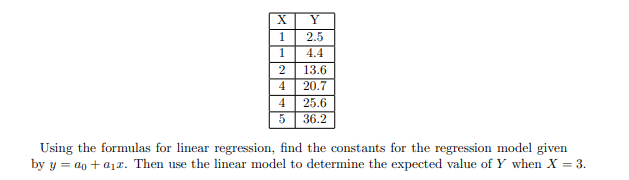 X
Y
1
2.5
4.4
1
2
13.6
4
20.7
4
25.6
36.2
5
Using the formulas for linear regression, find the constants for the regression model given
by y aoa1. Then use the linear model to determine the expected value of Y when x 3
