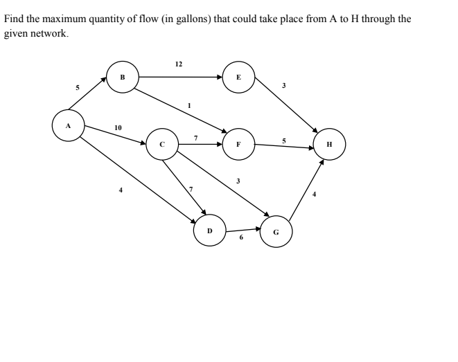 Find the maximum quantity of flow (in gallons) that could take place from A to H through the
given network.
12
10
D
