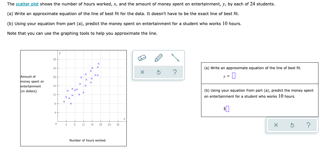 The scatter plot shows the number of hours worked, x, and the amount of money spent on entertainment, y, by each of 24 students.
(a) Write an approximate equation of the line of best fit for the data. It doesn't have to be the exact line of best fit.
(b) Using your equation from part (a), predict the money spent on entertainment for a student who works 10 hours.
Note that you can use the graphing tools to help you approximate the line.
Amount of
money spent on
entertainment
(in dollars)
24
20
16-
12-
8.
4-
0
x
4
xxx
8
12 16 20
Number of hours worked
24 28
B
?
(a) Write an approximate equation of the line of best fit.
y =
(b) Using your equation from part (a), predict the money spent
on entertainment for a student who works 10 hours.