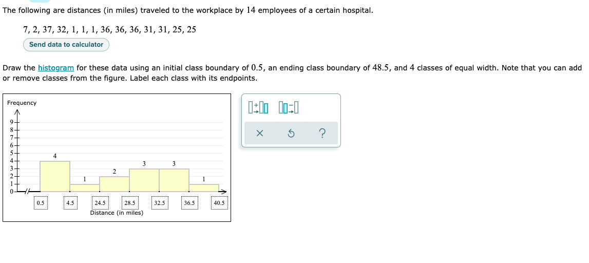 The following are distances (in miles) traveled to the workplace by 14 employees of a certain hospital.
7, 2, 37, 32, 1, 1, 1, 36, 36, 36, 31, 31, 25, 25
Send data to calculator
Draw the histogram for these data using an initial class boundary of 0.5, an ending class boundary of 48.5, and 4 classes of equal width. Note that you can add
or remove classes from the figure. Label each class with its endpoints.
Frequency
0:00 00:0
[num.
3
3
2
0.5
45
28.5
32.5
36.5
40.5
24.5
Distance (in miles)