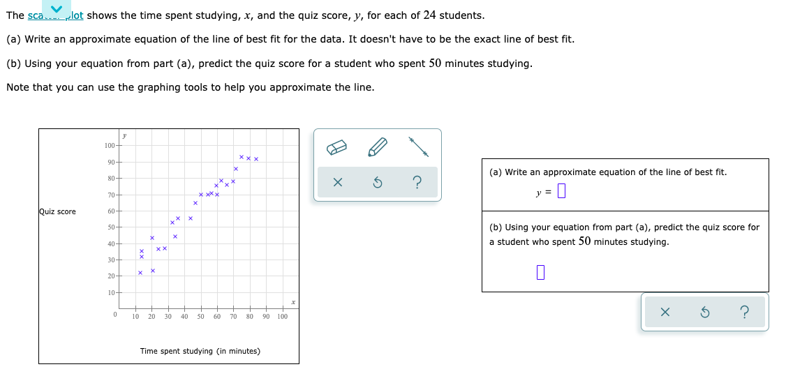 The sca... plot shows the time spent studying, x, and the quiz score, y, for each of 24 students.
(a) Write an approximate equation of the line of best fit for the data. It doesn't have to be the exact line of best fit.
(b) Using your equation from part (a), predict the quiz score for a student who spent 50 minutes studying.
Note that you can use the graphing tools to help you approximate the line.
Quiz score
100-
90-
80-
70-
60-
50-
40-
30-
20-
10-
0
y
X
X
X
X
xx
|vx
X
X
√xxx
xxx
xxx
10 20 30 40 50 60 70 80 90 100
Time spent studying (in minutes)
X
а
?
(a) Write an approximate equation of the line of best fit.
y =
(b) Using your equation from part (a), predict the quiz score for
a student who spent 50 minutes studying.
0
X
?